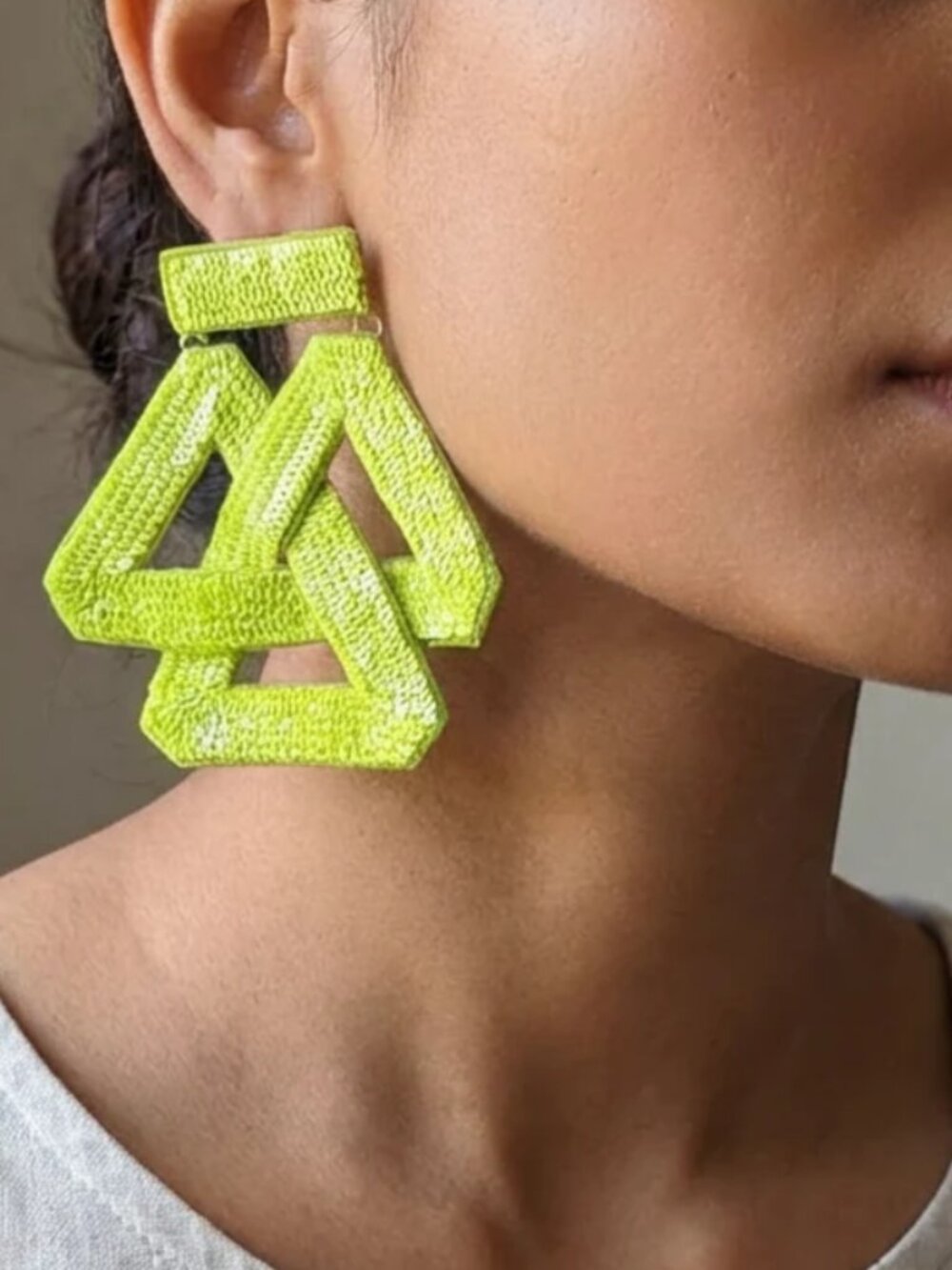 New Handcrafted Artisan Beaded Earrings "Tangled" Design Neon Green - 50% Off